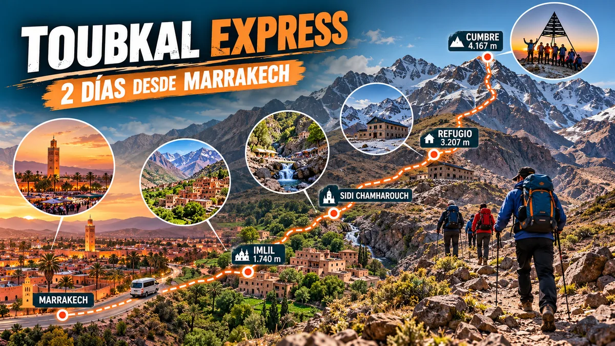 Ruta de trekking al monte Toubkal desde Marrakech en dos días, pasando por Imlil y el refugio de montaña.