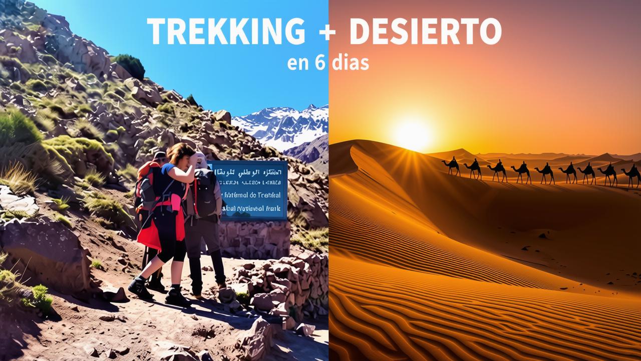 Dos paisajes de Marruecos: a la izquierda trekker con mochilas en sendero rocoso hacia montañas nevadas del Atlas, a la derecha caravana de camellos silueteada sobre dunas doradas de Merzouga al atardecer