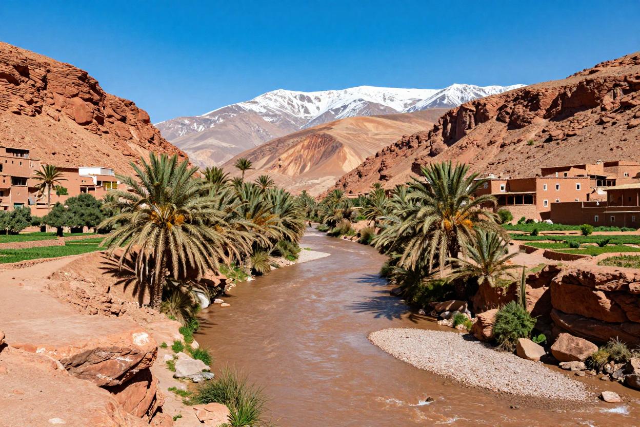 Valle de Ourika Marruecos - Río, palmeraínes, arquitectura tradicional beréber de tierra roja y cumbres nevadas del Alto Atlas, turismo de montaña cerca de Marrakech